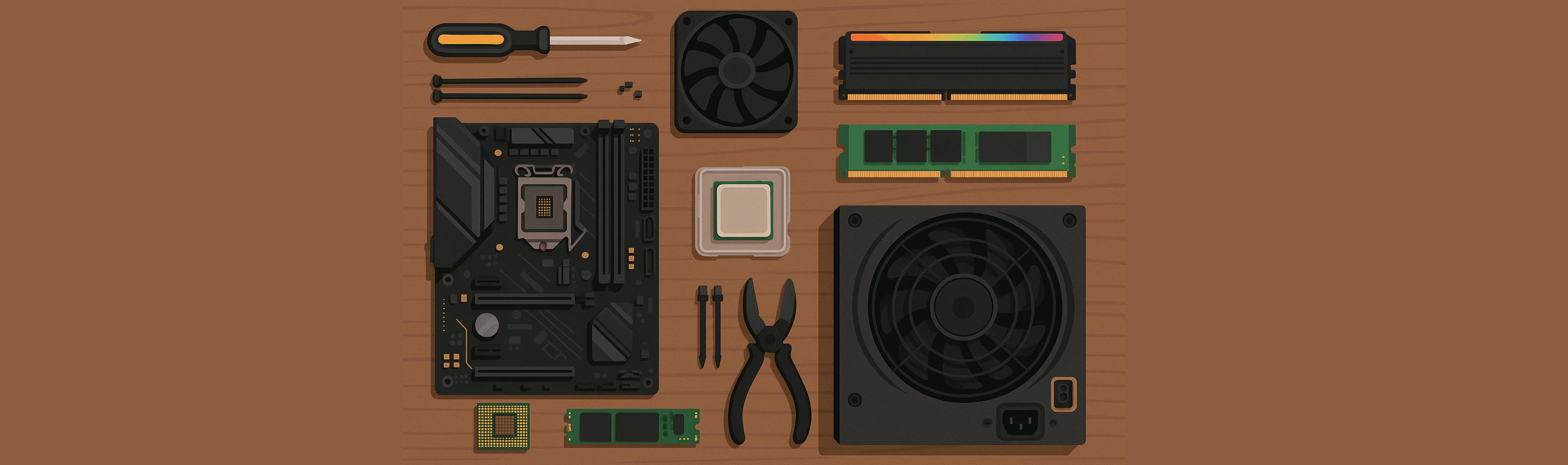 Parts and tools laid out on a desk before PC assembly